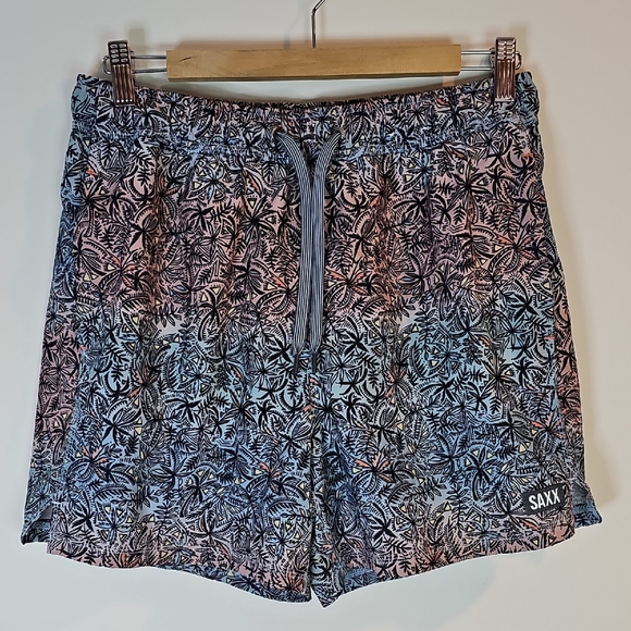 SAXX Men's Medium Athletic Shorts - Black and Blue Palm Print - Picture 1 of 7
